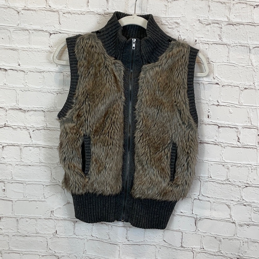 The Real Gray and Brown Zip Up Furry Vest Size Small